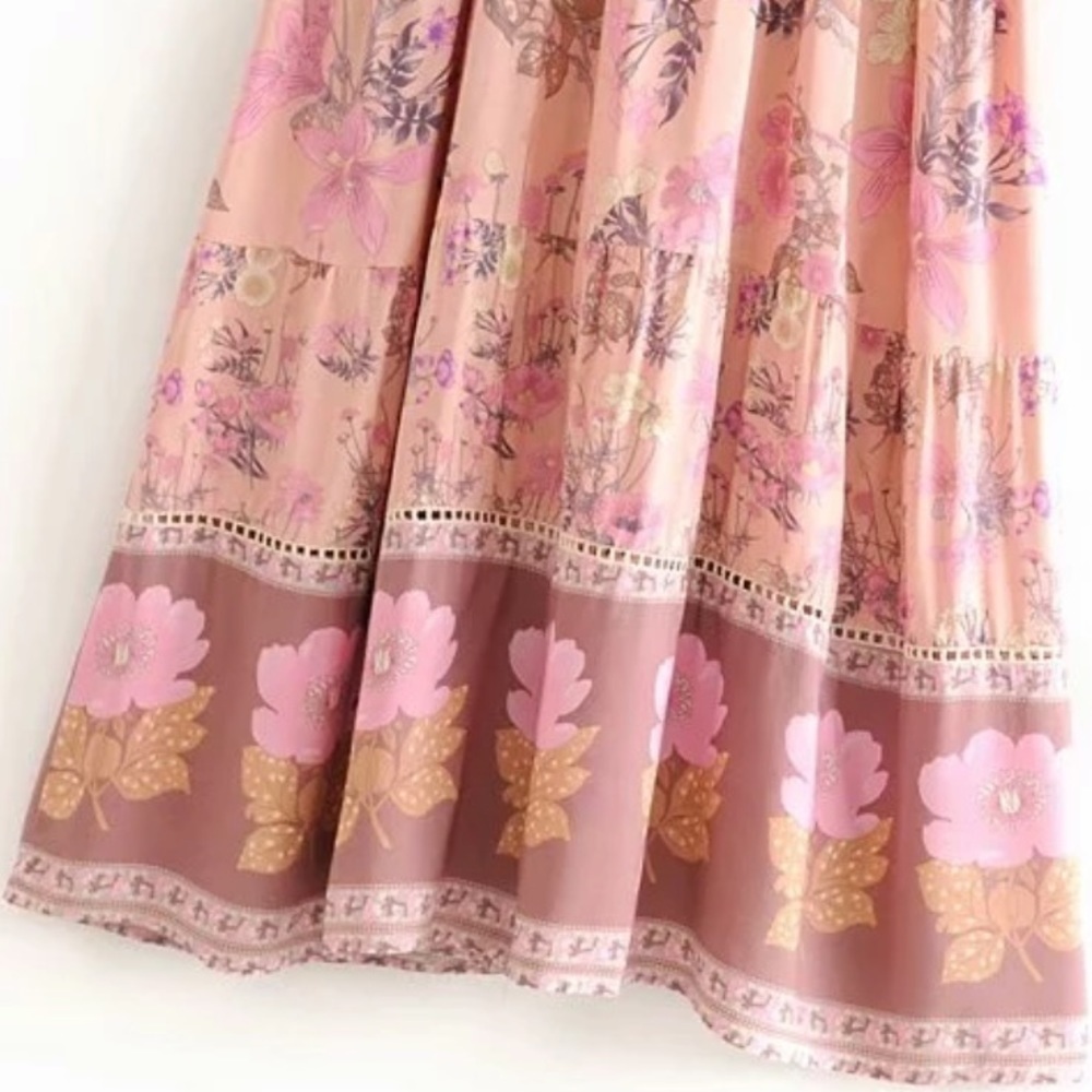 Bohemian Floral Print Maxi Dress Pink Boho Gypsy - Picture 8 of 12
